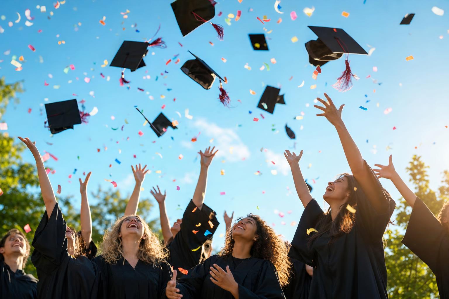 Graduates throwing their caps into a blue sky with confetti