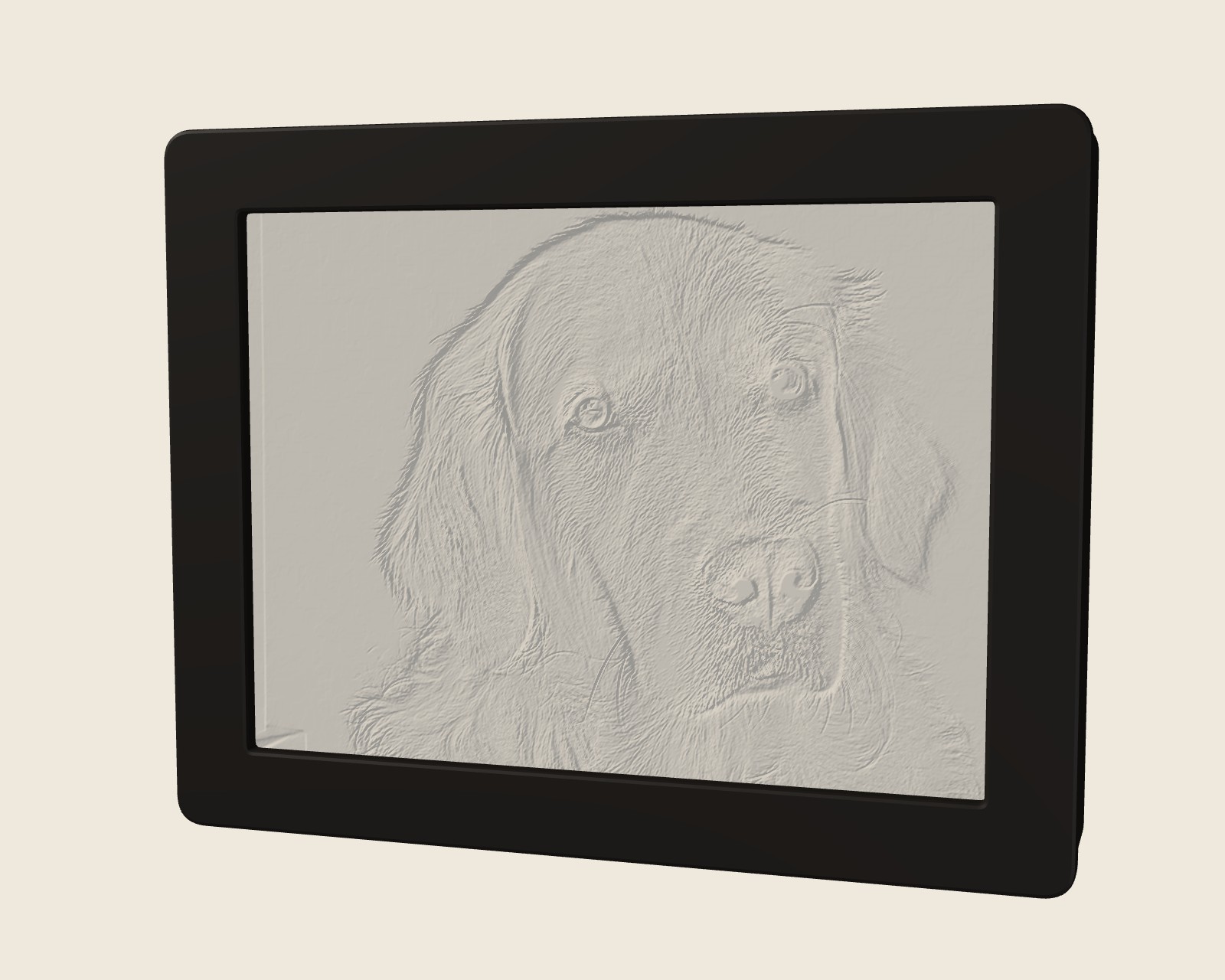 A Glowframe Light Box with a photo of a dog, light off: a plain white relief